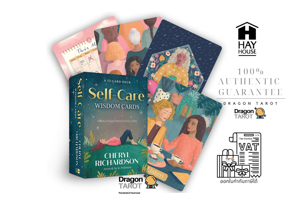 Self Care Wisdom Cards deck by Cheryl Richardson from Dragon Tarot, featuring a teal box with illustrated card backs and several cards fanned out behind it on a white background with brand and guarantee logos.