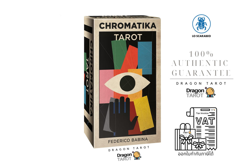 Dragon Tarot Chromatika Tarot card deck box shown on a white background with promotional text, a VAT refund illustration, and brand logos. The box features a stylized eye over geometric color blocks.