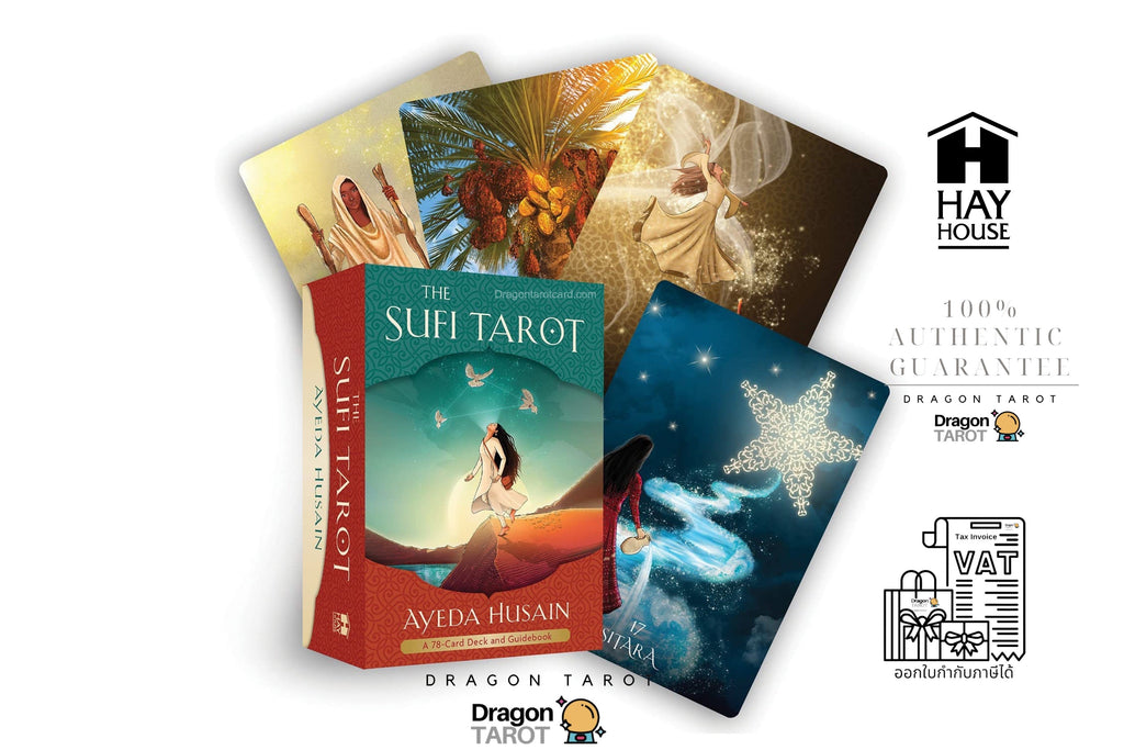 The Suh Tarot deck by Ayeda Husain, featuring a red and teal book-style box with three illustrated tarot cards fanned behind it on a white background. Brand logos for Hay House and Dragon Tarot are visible alongside a 100% authentic guarantee badge.