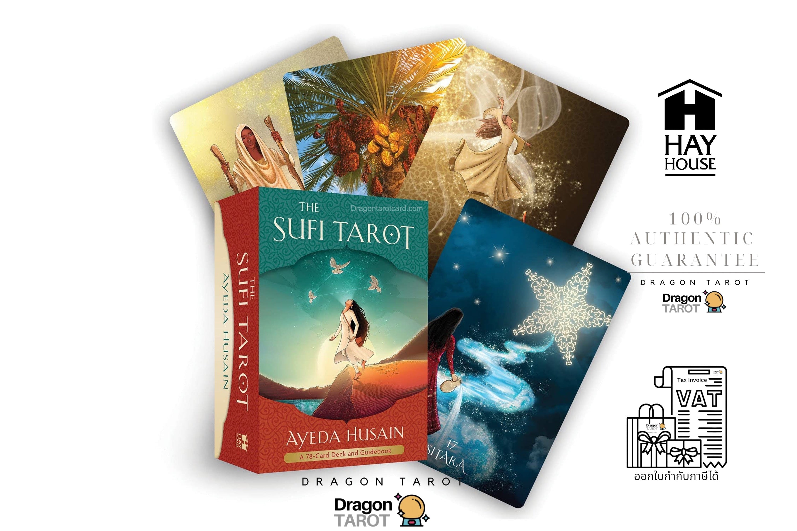 The Suh Tarot deck by Ayeda Husain, featuring a red and teal book-style box with three illustrated tarot cards fanned behind it on a white background. Brand logos for Hay House and Dragon Tarot are visible alongside a 100% authentic guarantee badge.