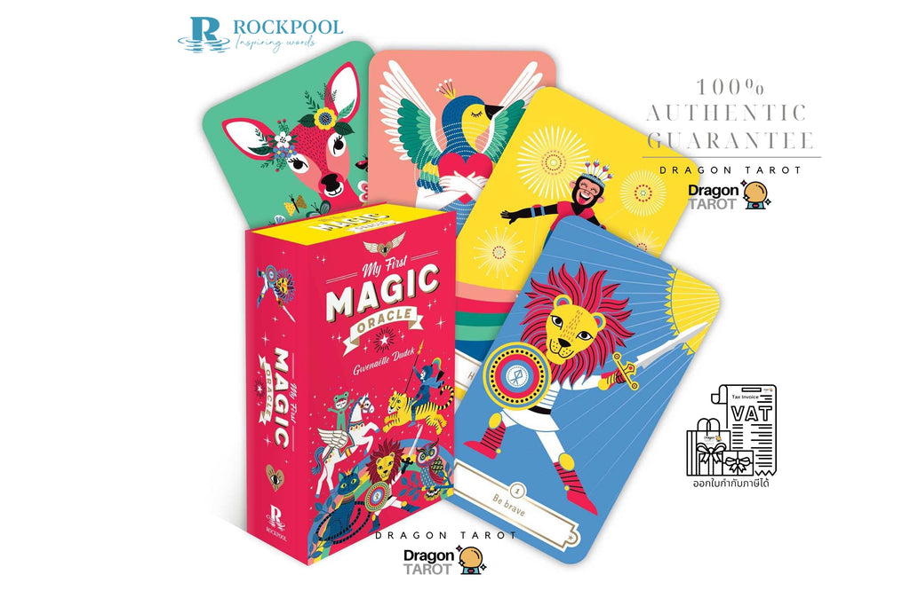 The 'All The Magic Grade 5' Dragon Tarot deck by Rockpool, featuring a bright pink box and four colorful illustrated cards (a green deer, a pink bird, a yellow sun, and a blue lion) on a white background with brand and guarantee text.