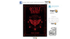 A book cover for 'Occult Tarot' by Travis McNarry, featuring a black background with red gothic text and a red winged symbol in the center. The image is presented on a white background with several brand and certification logos on the right side, including Rockpool and Dragon Tarot.
