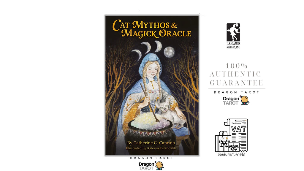Dragon Tarot 'Cat Mythos & Magick Oracle' card deck packaging shown on a white background with brand logos, social media icons, and guarantee text.