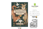 Dragon Tarot 'Woodland Wardens' tarot deck box cover by Jessica Roux, displayed alongside promotional badges from Andrews McMeel Publishing and a Dragon Tarot authentic guarantee graphic on a white background.