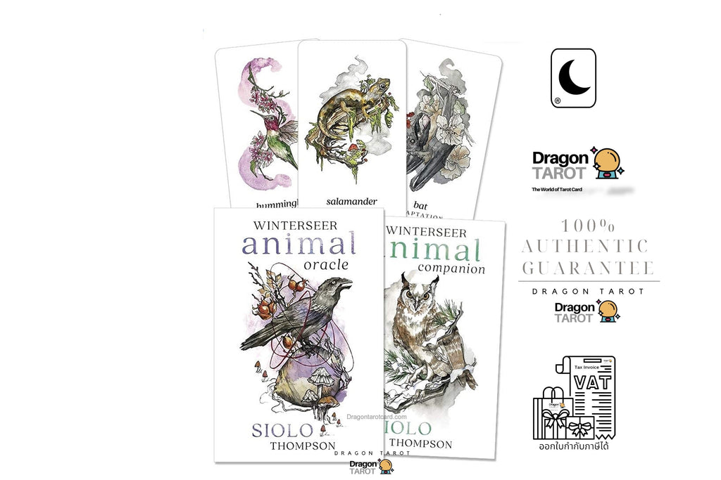 Dragon Tarot deck packaging and card designs shown on a white background, including the Winterseer animal oracle and companion cards, along with brand logos and a 100% authentic guarantee badge.