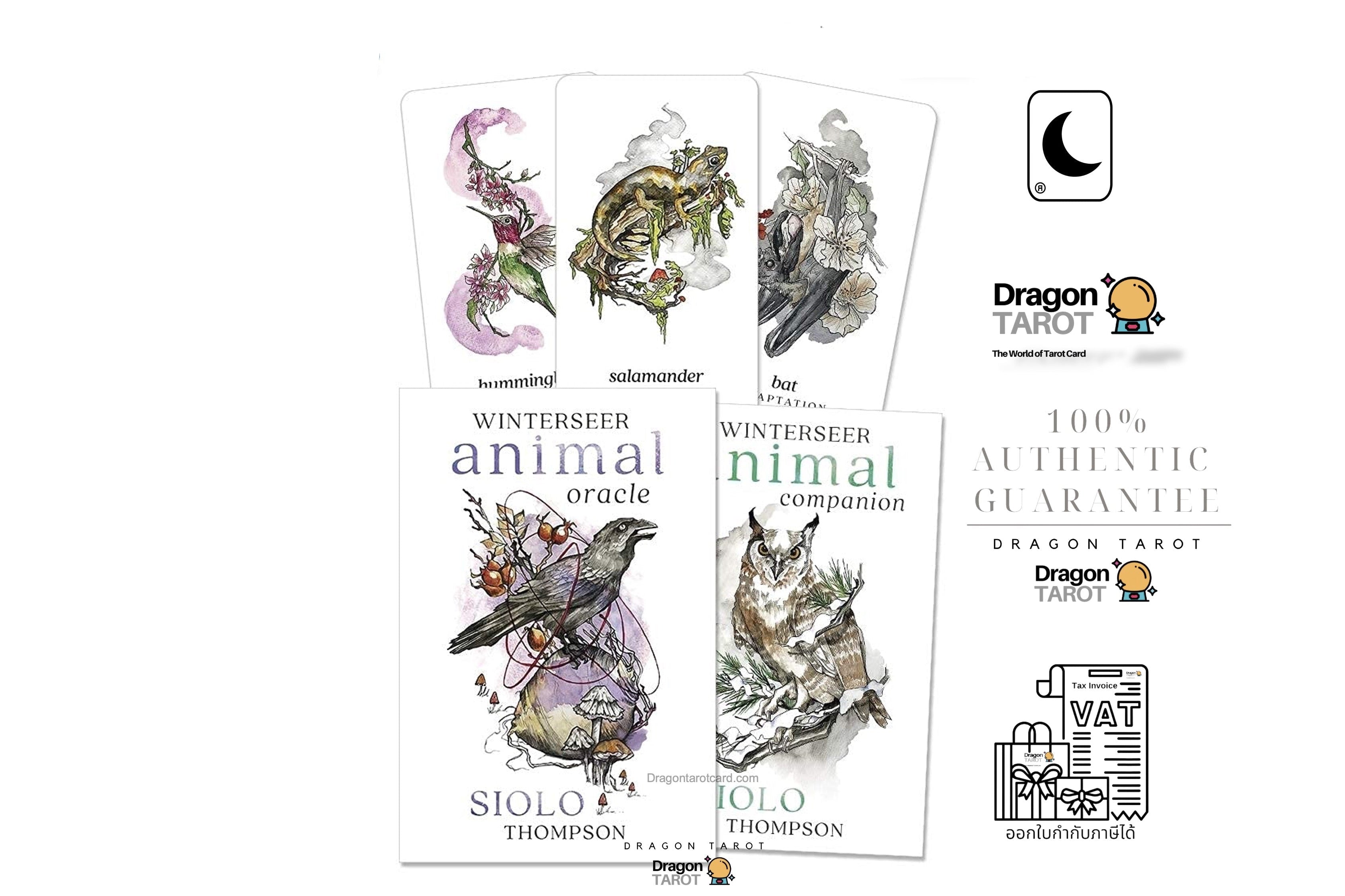 Dragon Tarot deck packaging and card designs shown on a white background, including the Winterseer animal oracle and companion cards, along with brand logos and a 100% authentic guarantee badge.