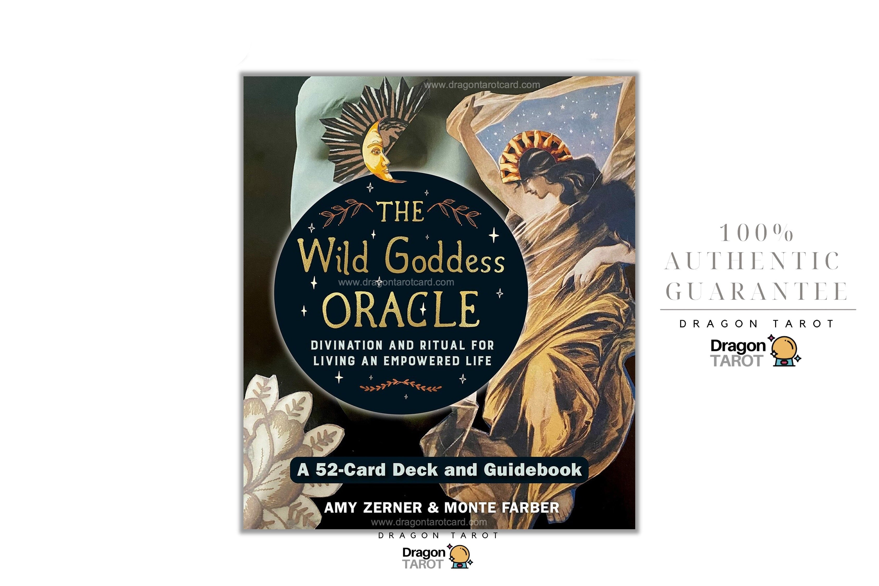 The Wild Goddess Oracle card deck and guidebook cover shown on a white background with promotional text for Dragon Tarot. The cover features an ornate classical illustration with a central dark oval title panel and warm gold lettering.