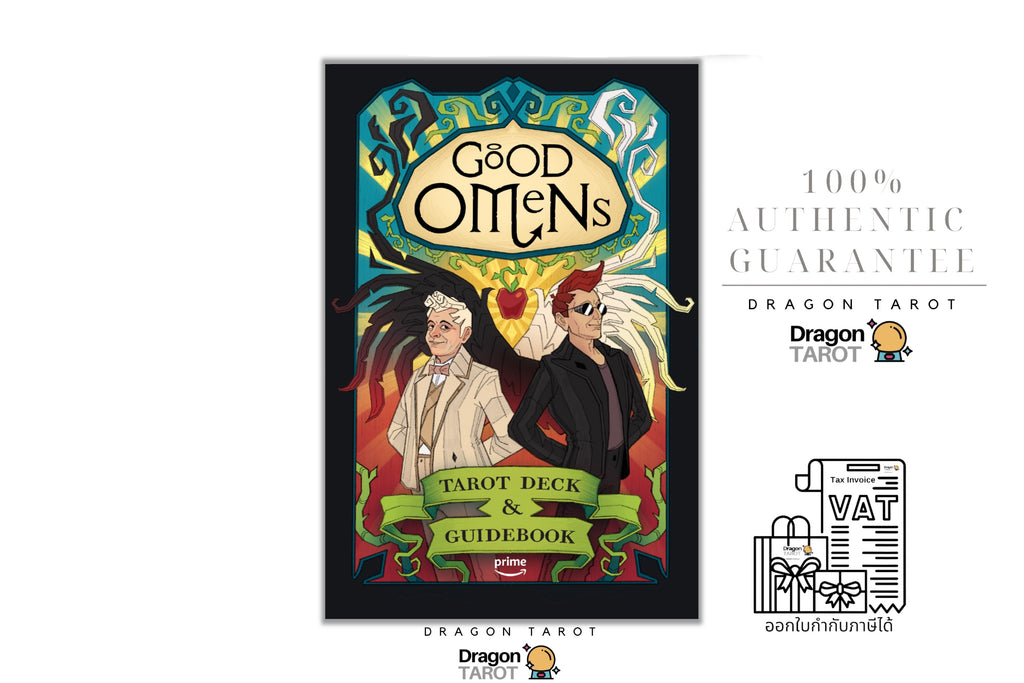 Dragon Tarot 'Good Omens' tarot deck and guidebook set against a white background with promotional text and logos. The central product is the illustrated tarot card deck box, featuring ornate fantasy-style artwork with two figures and a rainbow arch.