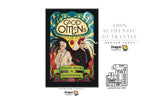 Dragon Tarot 'Good Omens' tarot deck and guidebook set against a white background with promotional text and logos. The central product is the illustrated tarot card deck box, featuring ornate fantasy-style artwork with two figures and a rainbow arch.