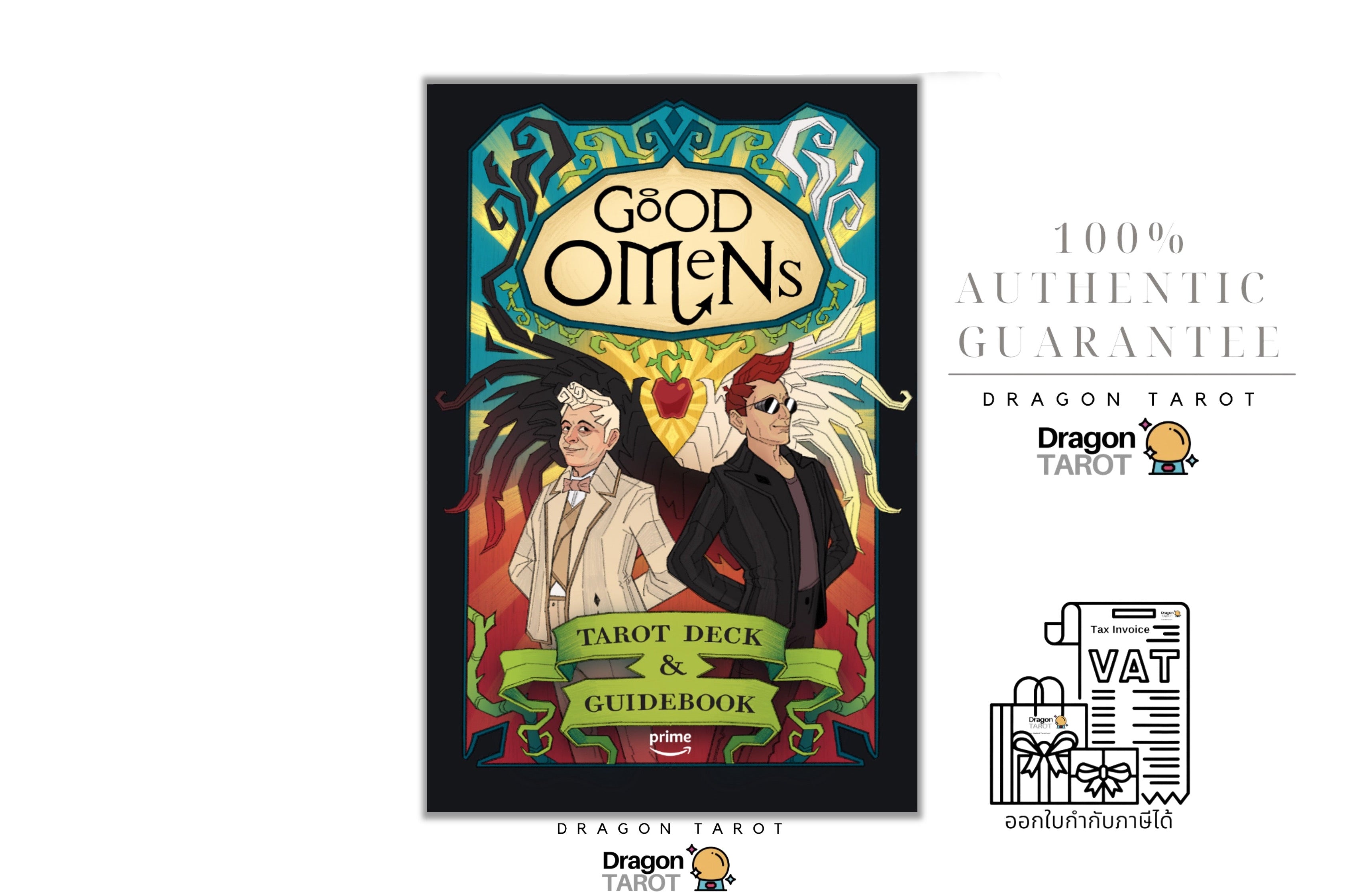 Dragon Tarot 'Good Omens' tarot deck and guidebook set against a white background with promotional text and logos. The central product is the illustrated tarot card deck box, featuring ornate fantasy-style artwork with two figures and a rainbow arch.