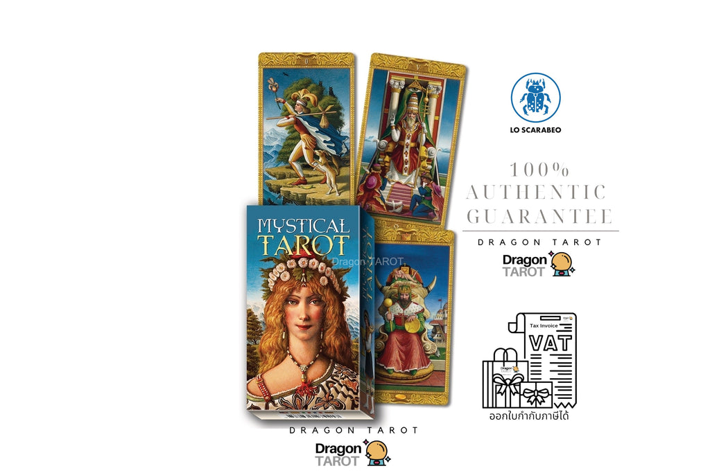 Dragon Tarot physical tarot deck packaging shown on a white background with promotional text, including '100% Authentic Guarantee', 'Dragon Tarot', and a VAT refund icon.
