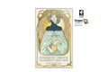 A tarot card design from the Dragon Tarot Illuminated Card Deck by Matt Hughes, featuring an Art Nouveau style illustration of a woman in a flowing pale green dress with a dark blue bodice, set against a gold ornate border. The image includes social media and brand logos on a white background.