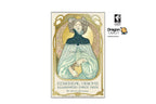 A tarot card design from the Dragon Tarot Illuminated Card Deck by Matt Hughes, featuring an Art Nouveau style illustration of a woman in a flowing pale green dress with a dark blue bodice, set against a gold ornate border. The image includes social media and brand logos on a white background.