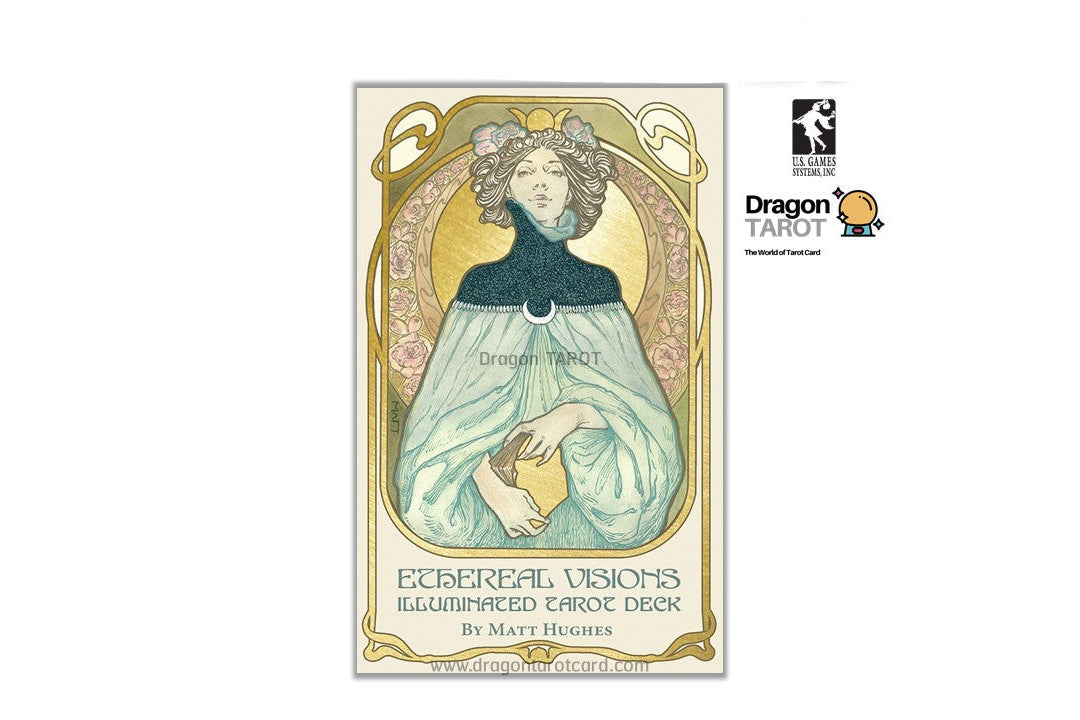 A tarot card design from the Dragon Tarot Illuminated Card Deck by Matt Hughes, featuring an Art Nouveau style illustration of a woman in a flowing pale green dress with a dark blue bodice, set against a gold ornate border. The image includes social media and brand logos on a white background.