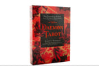 The Daemon Tarot book by Ariana Osborne, featuring a red and black cover with gothic illustrations, displayed on a white background with promotional badges and social media icons.