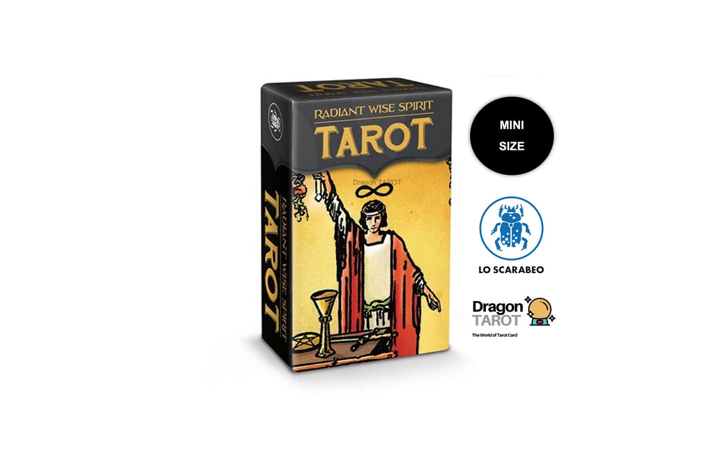 A boxed tarot card deck shown on a plain white background, with several small logos and text callouts around it, including Dragon Tarot, Mini Size, and Lo Scarabeo.