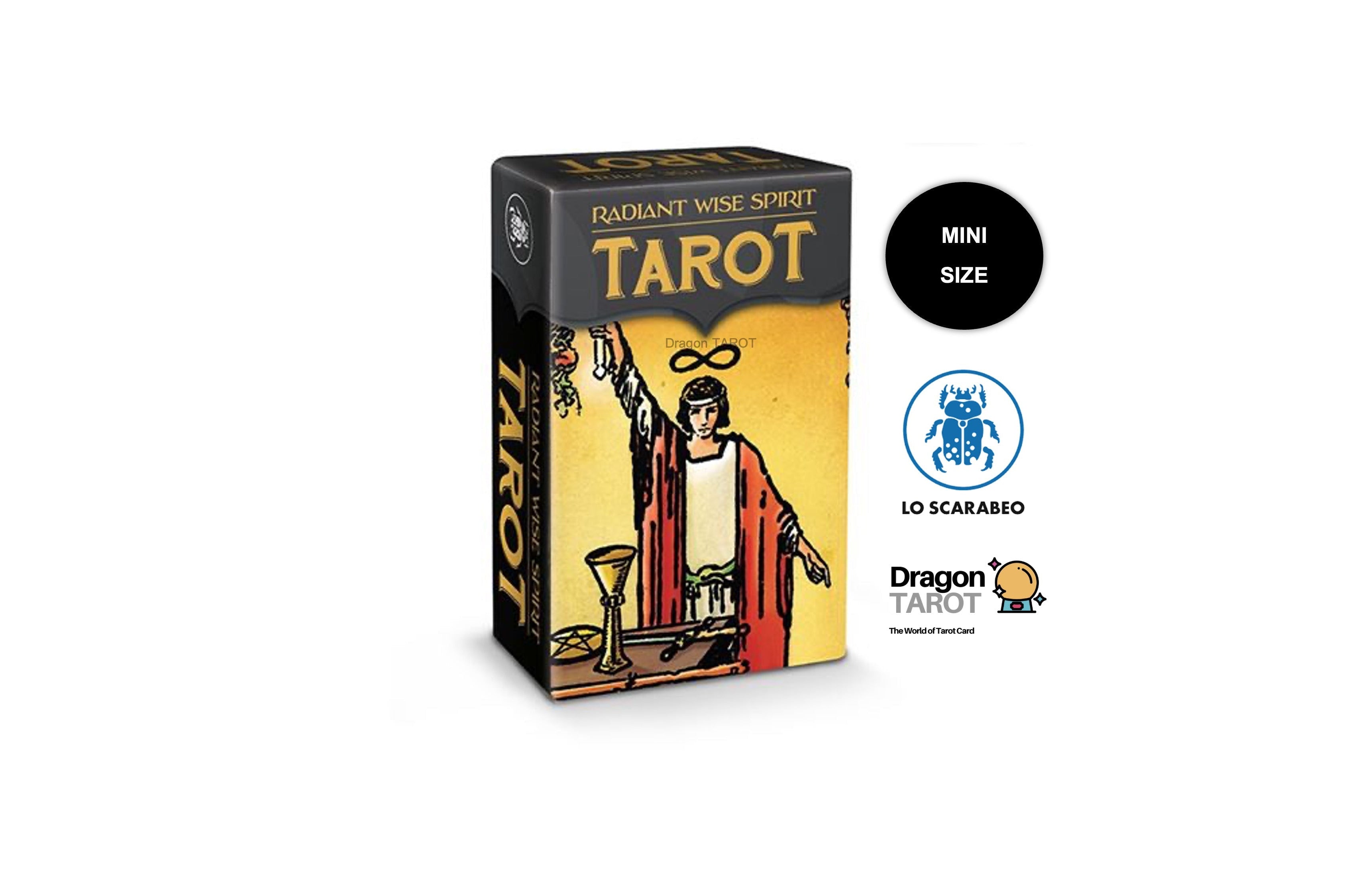 A boxed tarot card deck shown on a plain white background, with several small logos and text callouts around it, including Dragon Tarot, Mini Size, and Lo Scarabeo.