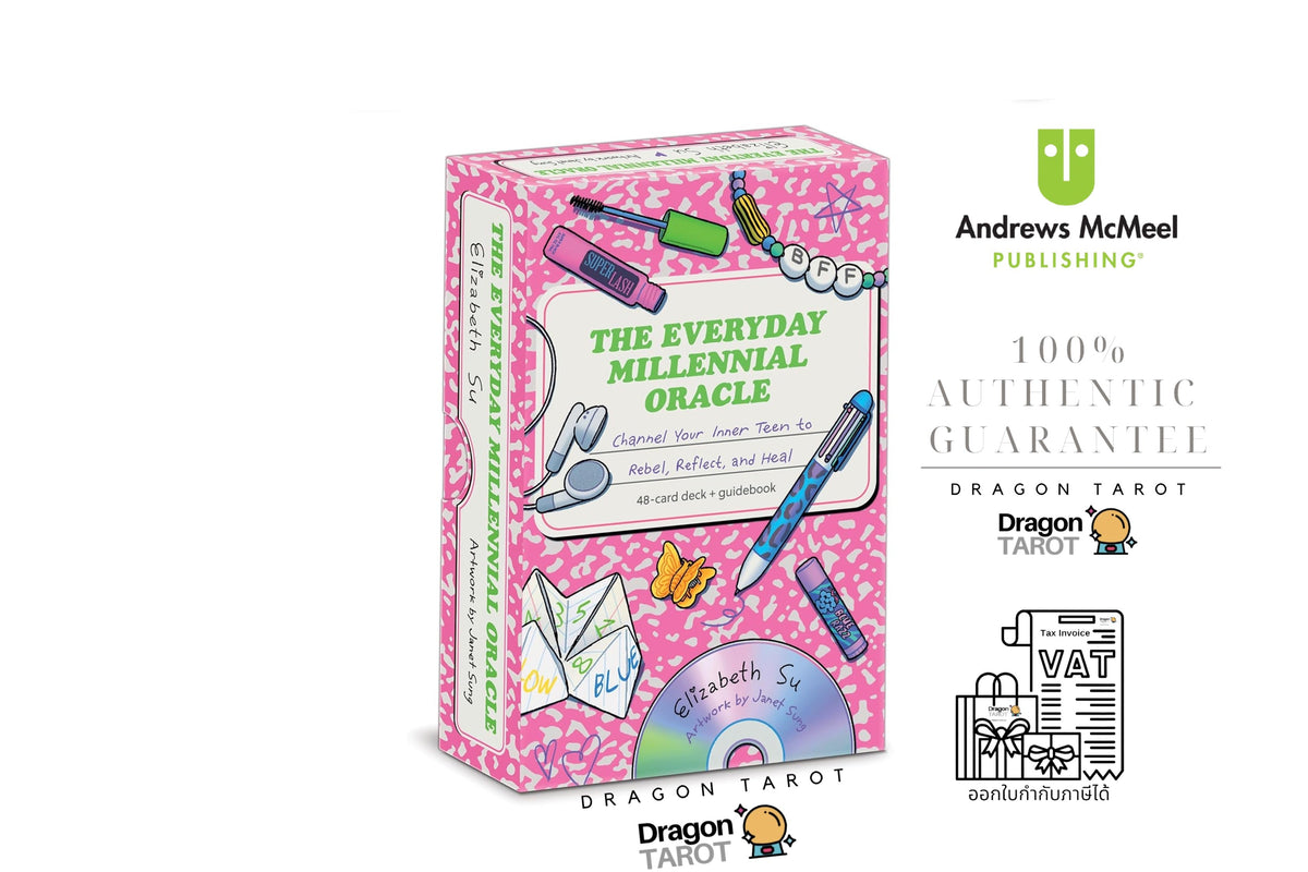 The Everyday Millennial Oracle Dragon Tarot card deck box by Elizabeth Smith, published by Andrews McMeel Publishing, shown on a white background with promotional text and social media icons.