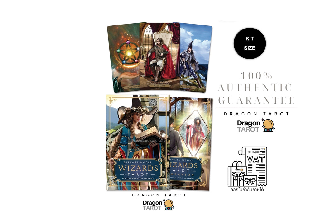 A promotional collage for Dragon Tarot showing multiple illustrated tarot card boxes and cards on a white background, with Thai text including '100% AUTHENTIC GUARANTEE', 'KIT SIZE', and repeated Dragon Tarot branding.