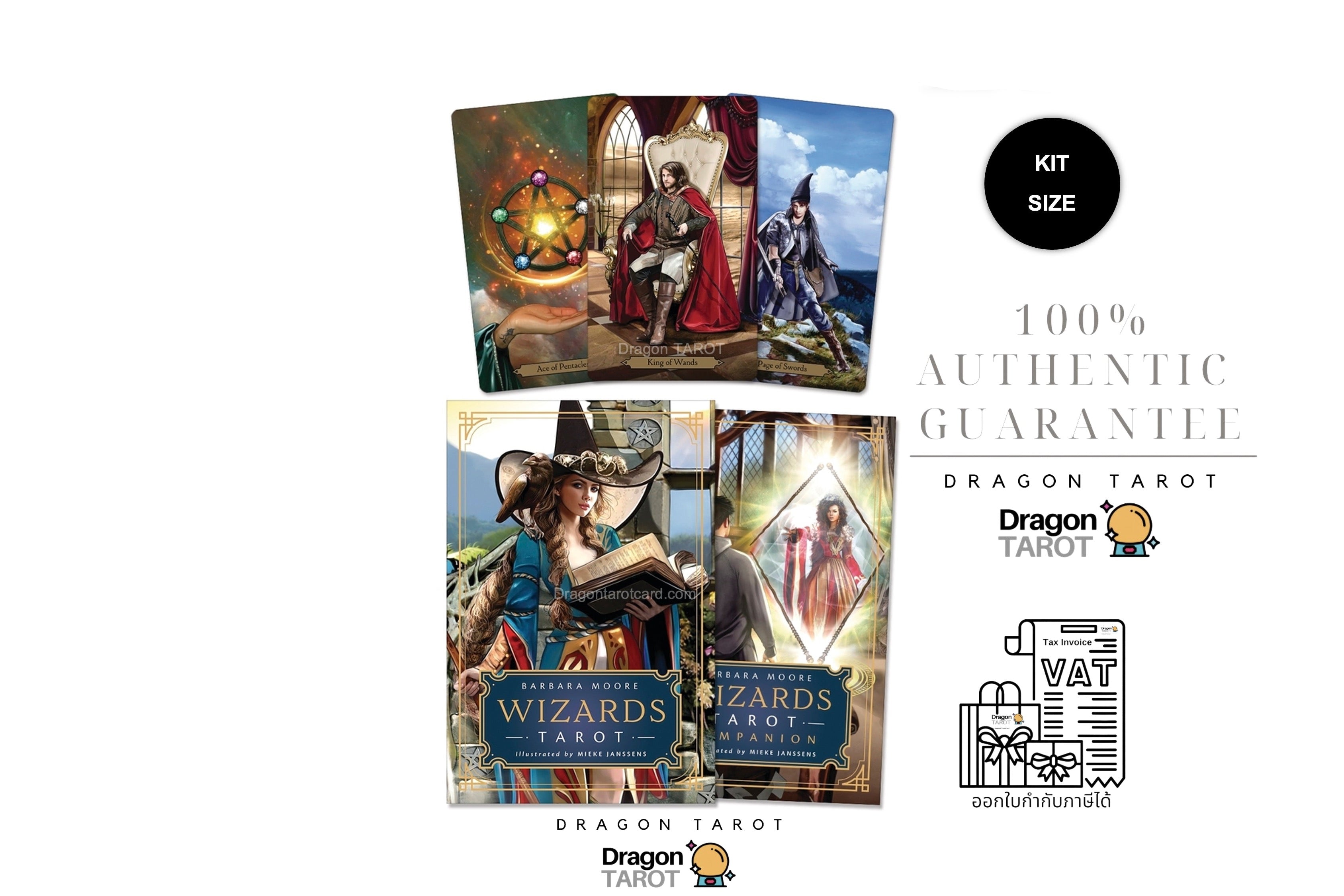 A promotional collage for Dragon Tarot showing multiple illustrated tarot card boxes and cards on a white background, with Thai text including '100% AUTHENTIC GUARANTEE', 'KIT SIZE', and repeated Dragon Tarot branding.