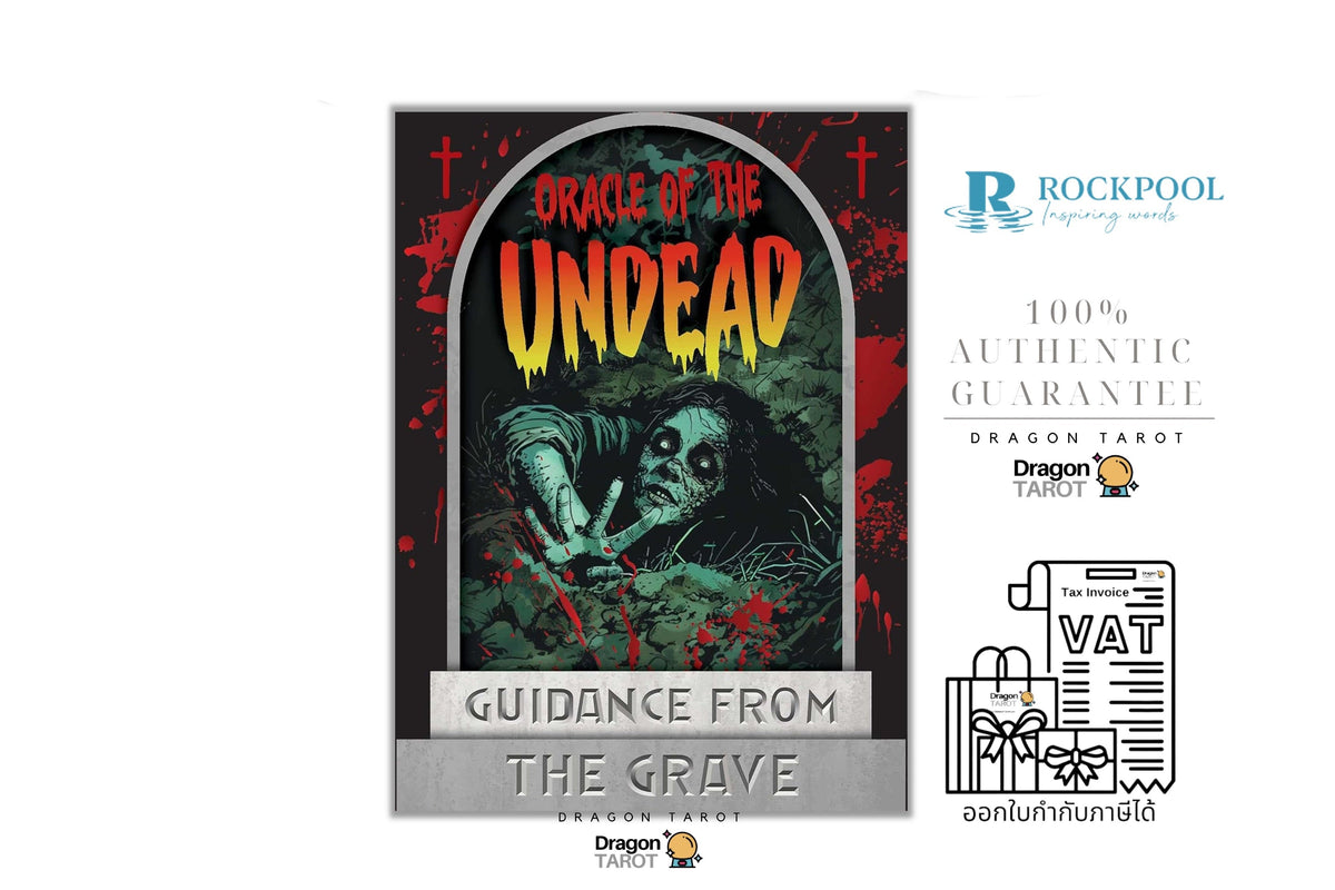 A promotional graphic for a Dragon Tarot card deck, featuring the 'Oracle of the Undead Guidance from the Grave' card in the center, alongside brand logos for 'Dragon Tarot' and 'Rockpool'. The layout includes social media icons and a VAT receipt illustration on a white background.