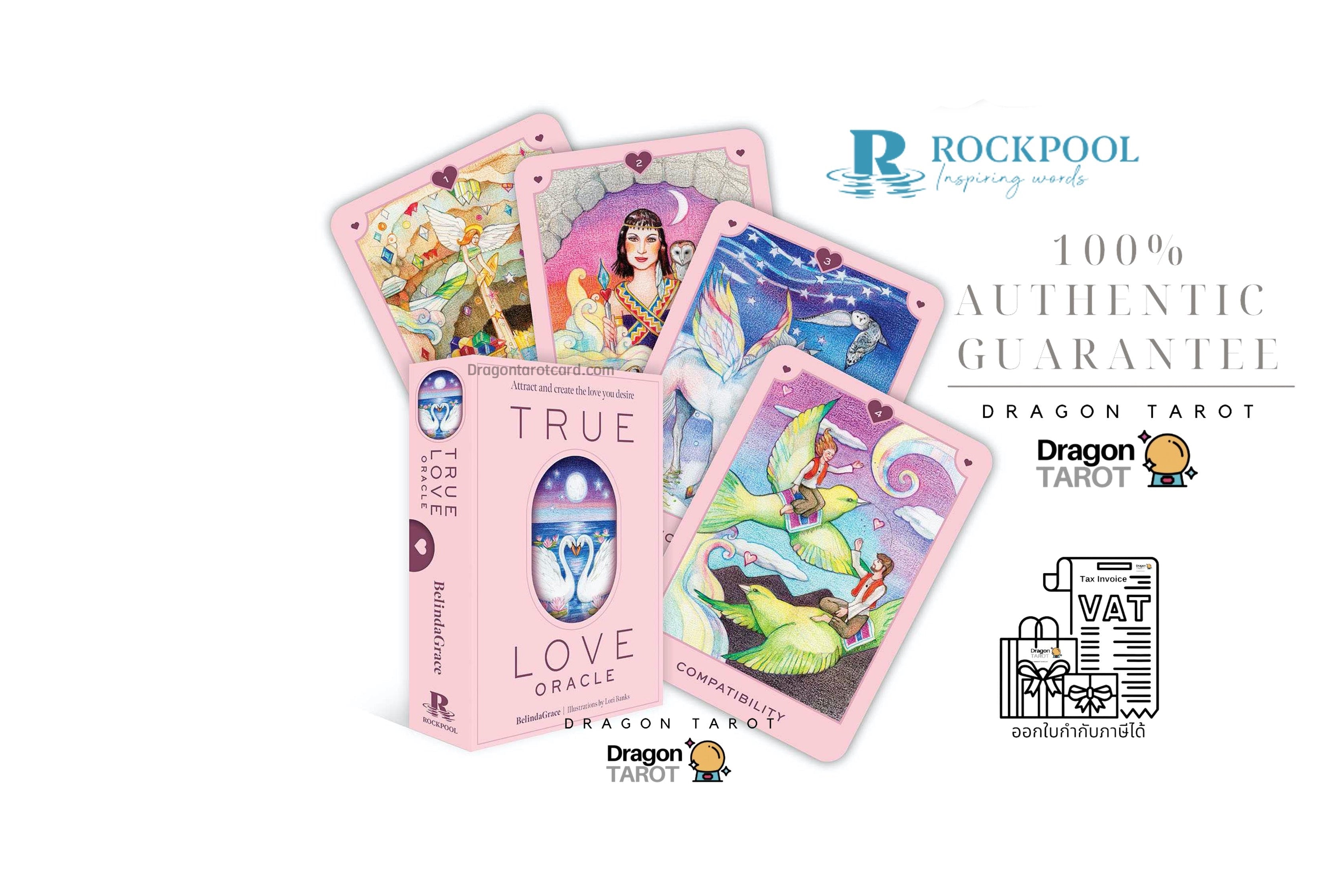 Dragon Tarot Oracle card deck packaging and several illustrated cards displayed on a white background, with brand logos and promotional text including '100% Authentic Guarantee' and social media references.