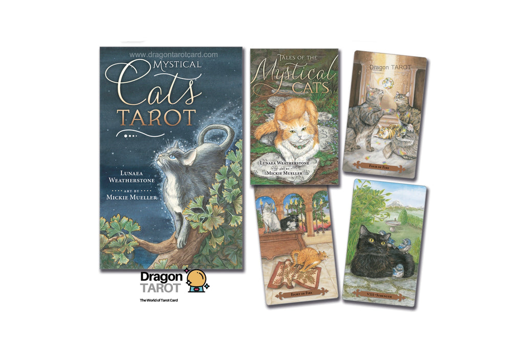 Dragon Tarot 'Mystical Cats Tarot' deck packaging and several illustrated cat-themed cards arranged on a white background, with social media and brand logos at the top.