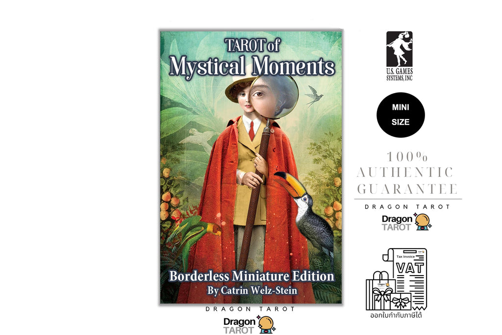 Dragon Tarot 'TAROT of Mystical Moments' Borderless Miniature Edition card box front shown on a white background with brand logos, a mini size badge, and authenticity guarantee graphics.