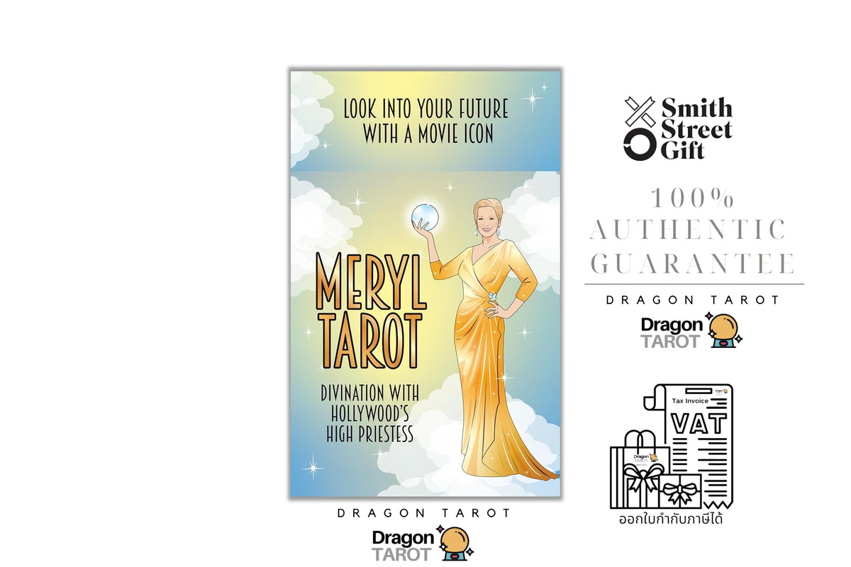 A promotional graphic for the Dragon Tarot deck, featuring a central card design with a golden female figure on a blue sky background, alongside the Smith Street Gift logo and a 100% authentic guarantee badge.