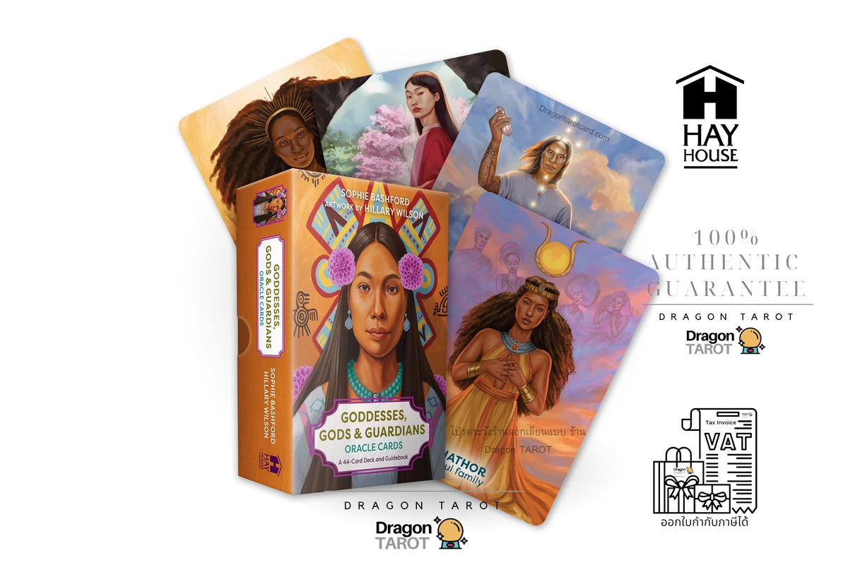 Dragon Tarot Oracle Cards 'Goodness, Gods & Guardians' deck shown with its illustrated box and several fanned cards on a white background, alongside Hay House and Dragon Tarot branding.