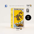 A mini box of The Rider Tarot Deck by Dragon Tarot, featuring a yellow cover with an illustration of a knight in armor. The product is displayed on a light gray background with social media and brand logos.