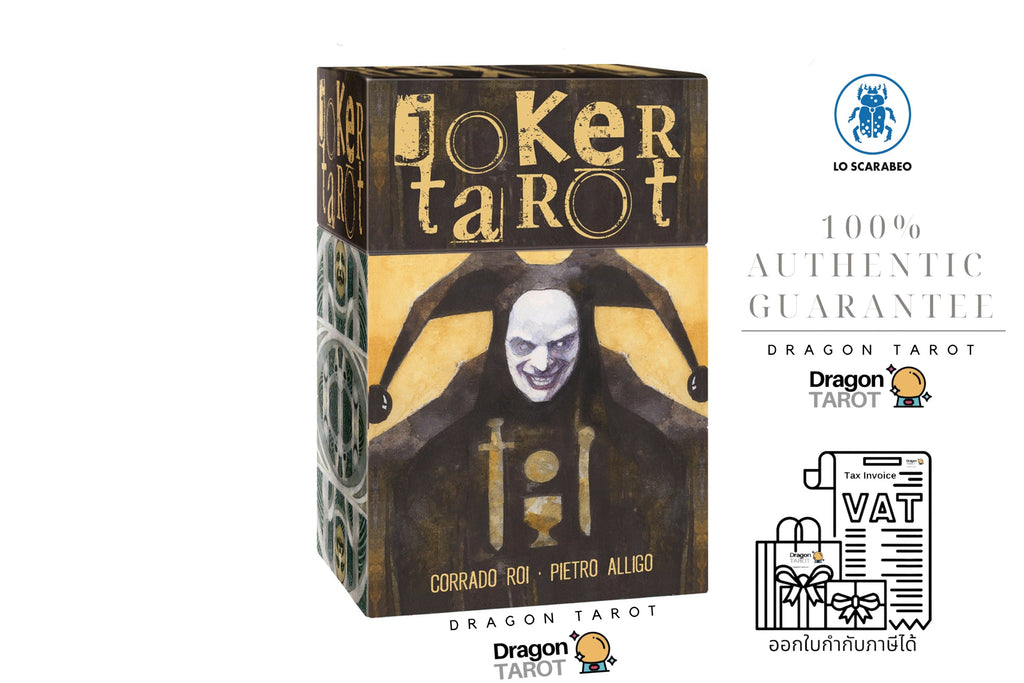 Dragon Tarot Joker Tarot card deck box shown on a white background with several brand and guarantee badges, including '100% Authentic Guarantee' and 'VAT' illustration.