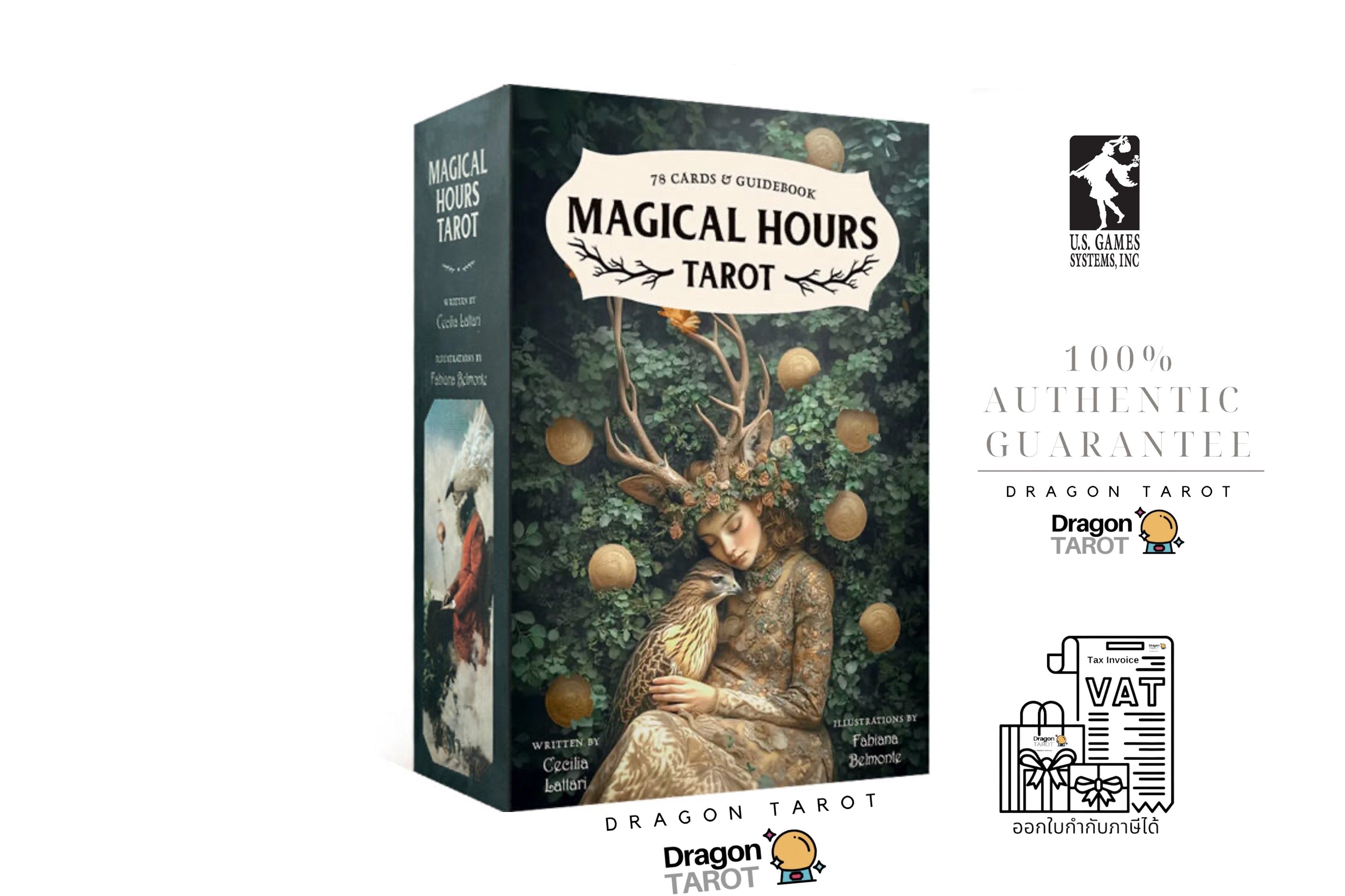 Dragon Tarot 'Magical Hours Tarot' card deck box shown on a white background with brand logos and '100% Authentic Guarantee' text. The box features an illustrated woman with antlers in a forest scene.