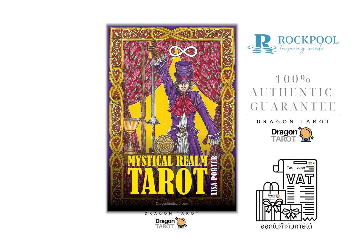 Dragon Tarot 'Mystical Realm' card deck box by Lisa Porter, displayed on a white background alongside brand logos, a 100% authentic guarantee badge, and a VAT refund illustration.