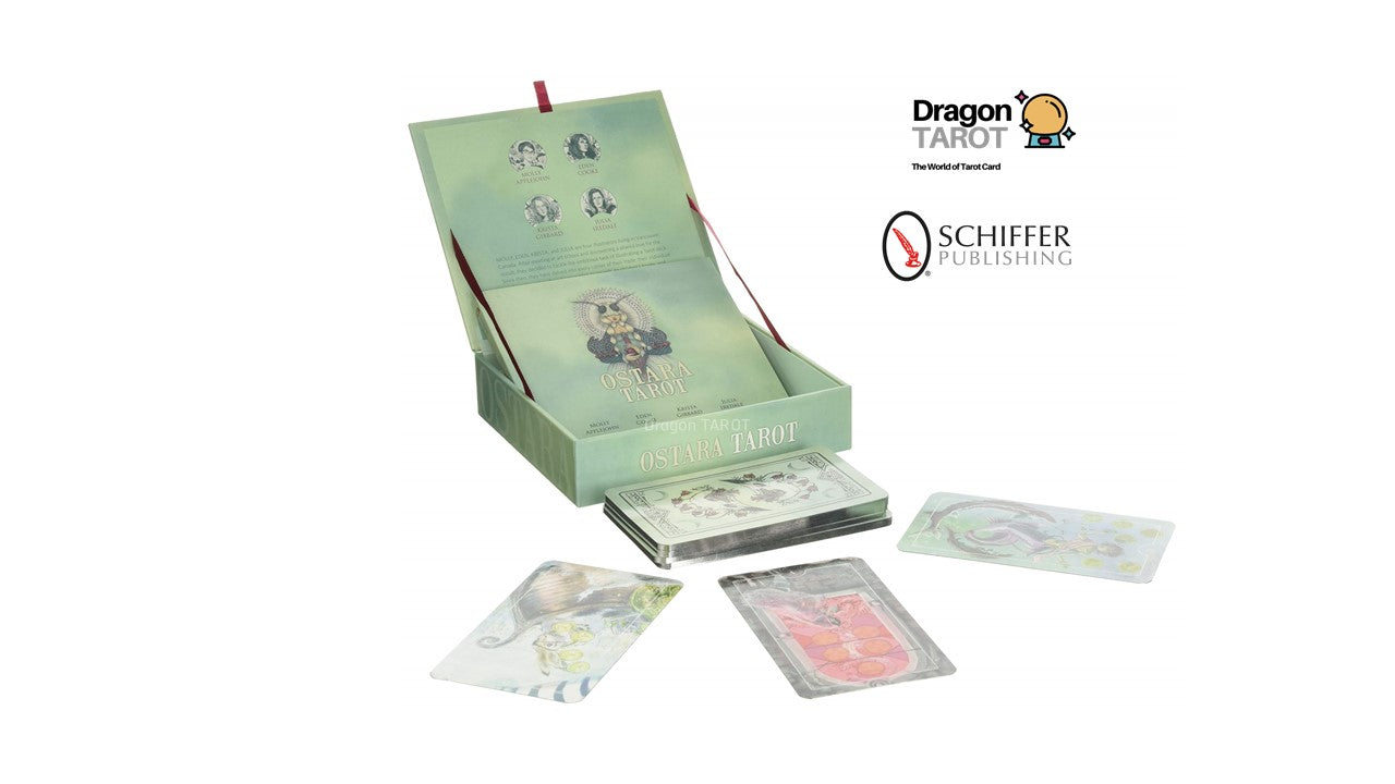 The Inner Tarot deck box shown open with several illustrated tarot cards fanned out in front on a white background. Dragon Tarot branding appears in the upper right, along with the Schiffer Publishing logo.