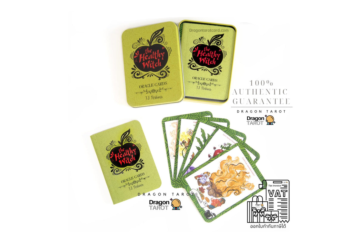 Dragon Tarot deck packaging and cards shown on a white background, including two green tins, one fanned deck, and one upright card, with brand text and social media icons.