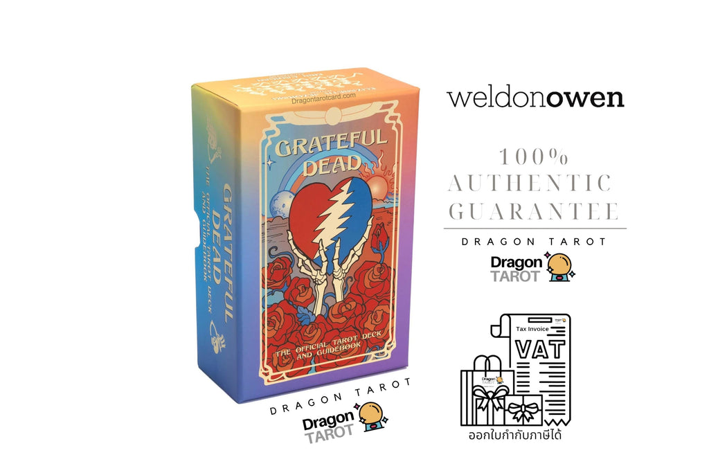 Dragon Tarot 'Grateful Dead' card deck box shown on a white background with brand text, social media icons, and promotional graphics. The box features a Grateful Dead-inspired red and blue heart design with orange and blue gradient sides.