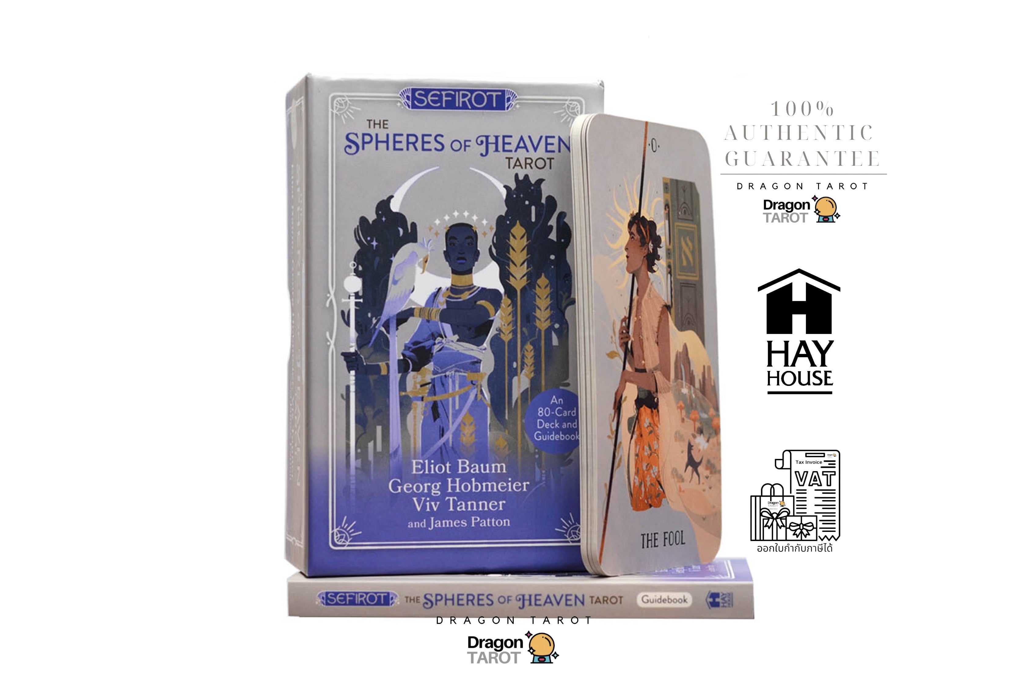 The Spheres of the Heaven Tarot deck by Sefrot, shown with both the front and back of the box on a white background with brand and certification logos.