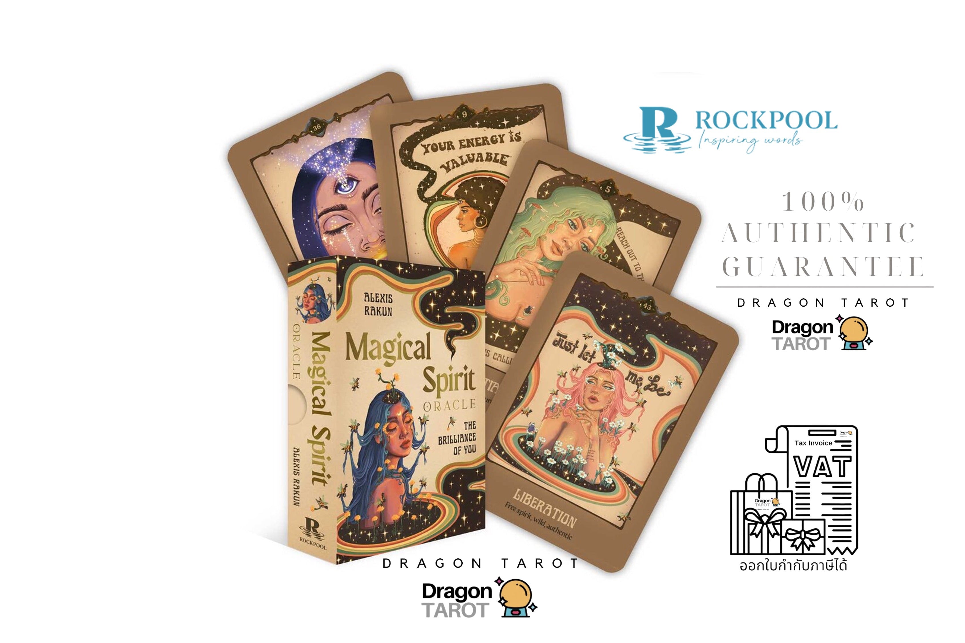 Dragon Tarot 'Magical Spirit' deck with four illustrated cards and the box displayed on a white background, surrounded by brand logos, social media icons, and promotional text including '100% Authentic Guarantee' and 'Rockpool'.
