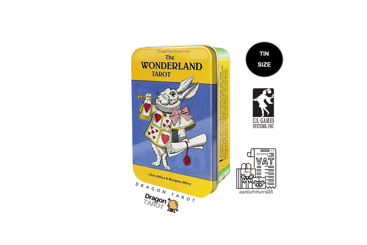 The Wonderland Tarot deck in a yellow tin with an illustration of the White Rabbit on a blue background, shown on a white background with certification and size callouts.