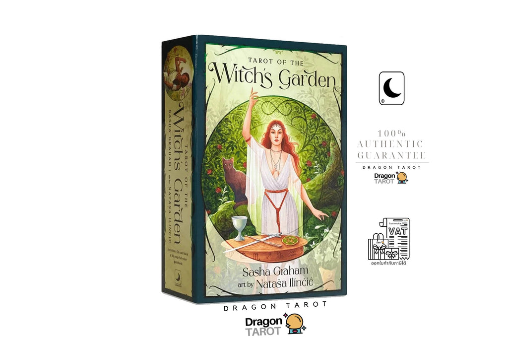 Dragon Tarot 'The Witch's Garden' tarot card deck box shown on a white background with promotional badges and social media icons. The box features an illustration of a woman in a white robe standing in a green garden with a red tarot card in her hand.