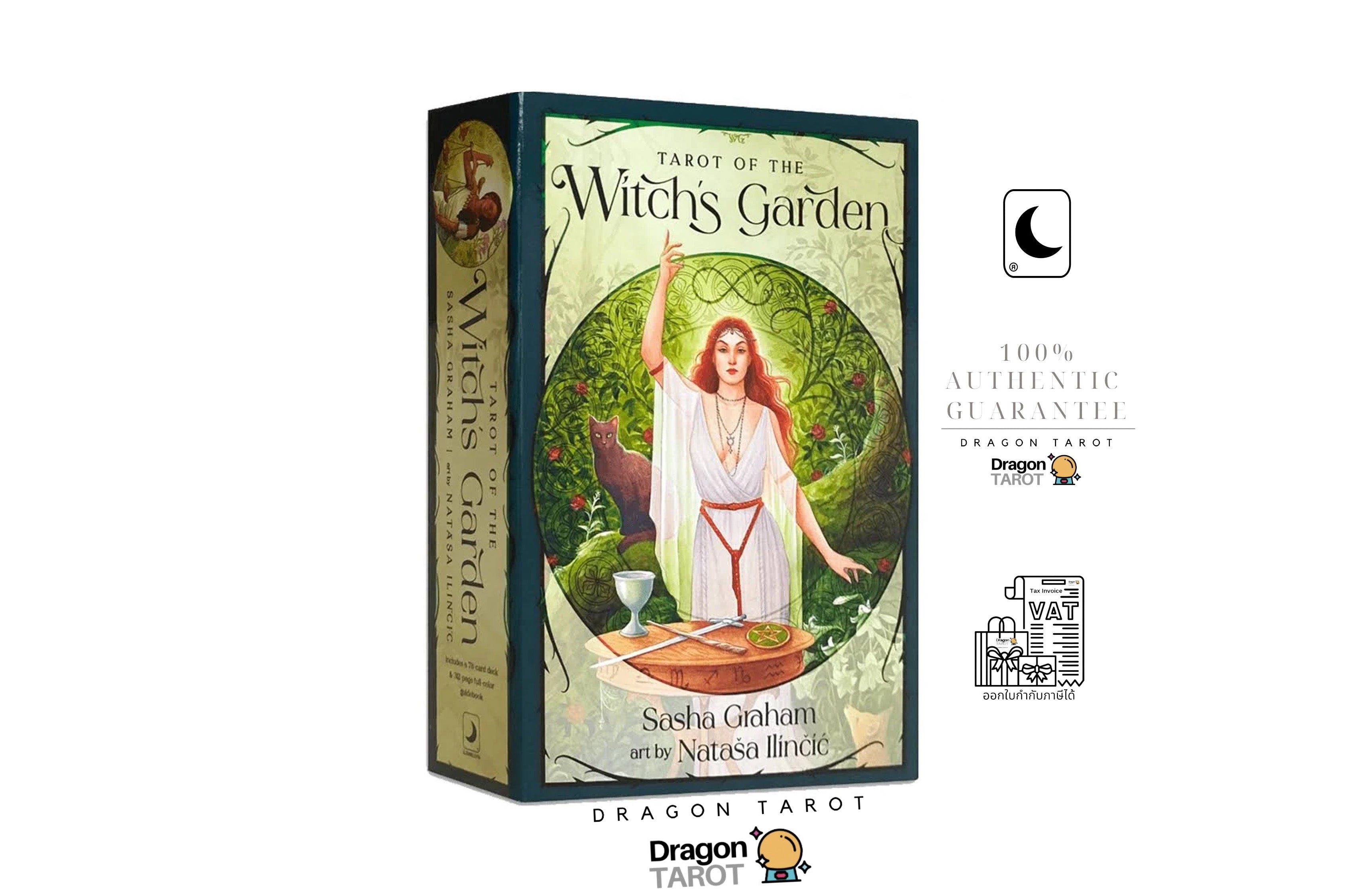 Dragon Tarot 'The Witch's Garden' tarot card deck box shown on a white background with promotional badges and social media icons. The box features an illustration of a woman in a white robe standing in a green garden with a red tarot card in her hand.