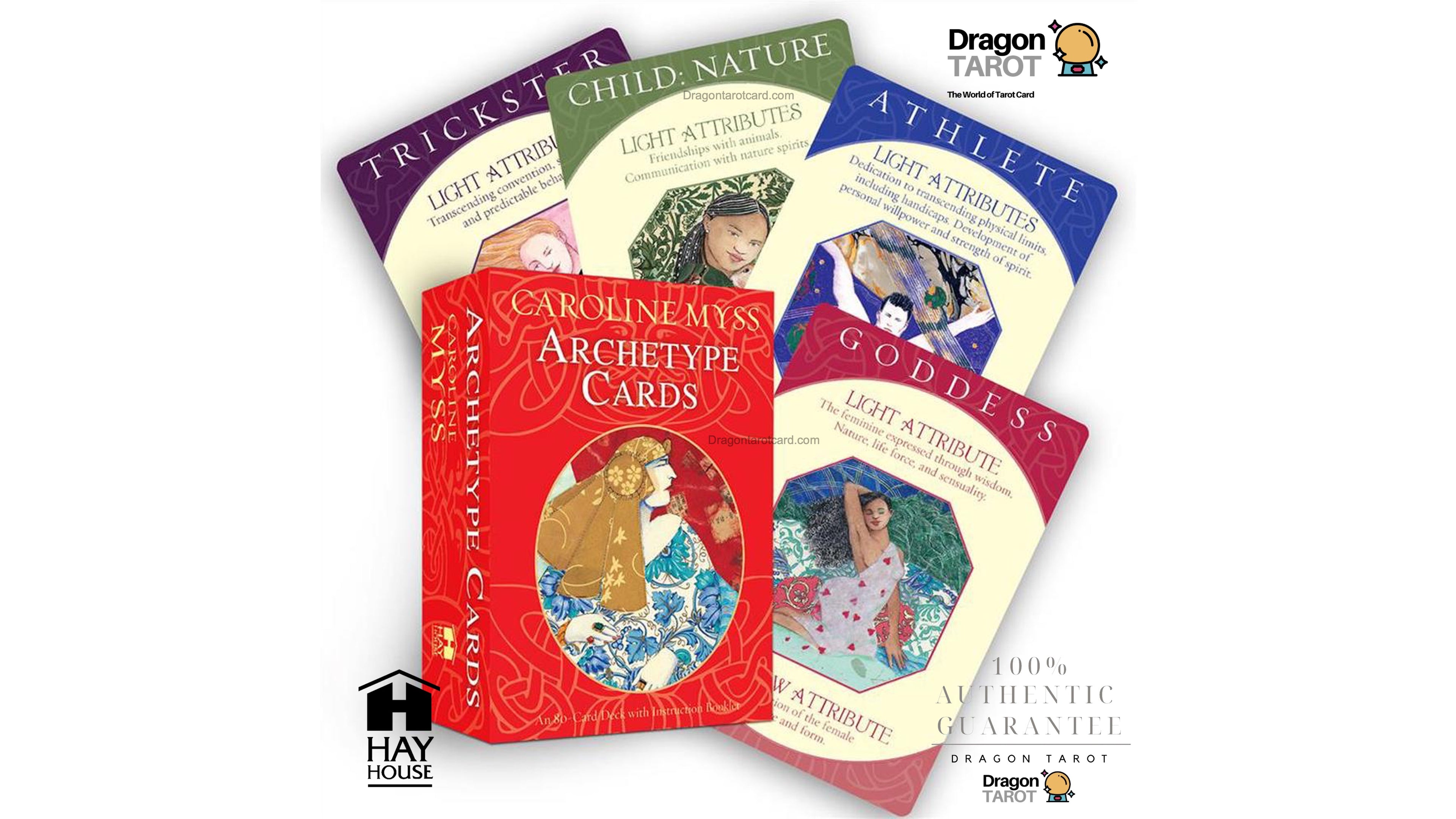 A fan arrangement of the Archetype Cards deck showing five illustrated cards and the red box, with Dragon Tarot and Hay House logos visible on the image.