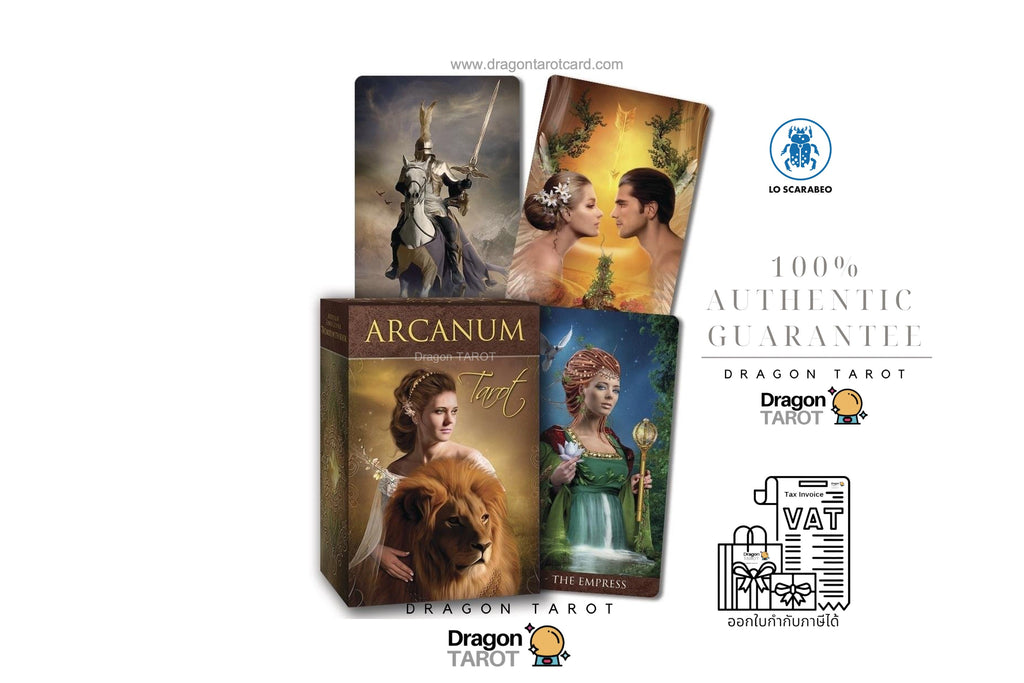 Dragon Tarot card deck packaging and box art shown on a white background, with multiple illustrated tarot card and box designs, plus text reading '100% Authentic Guarantee' and Dragon Tarot branding.