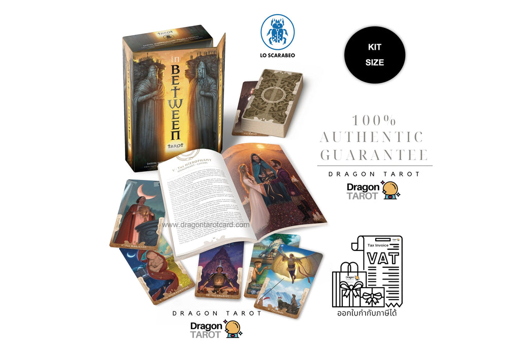 Dragon Tarot 'Between Worlds' card game kit displayed on a white background with its box, cards, instruction booklet, and supporting logos and guarantee text.