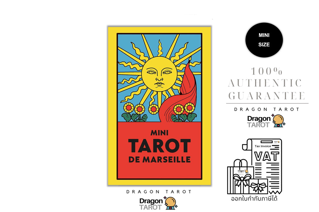 A promotional graphic for a mini tarot card deck called 'Dragon Tarot de Marseille'. The central product is a single card with a yellow border, a blue sun face, red flames, and a red bottom section with black text.