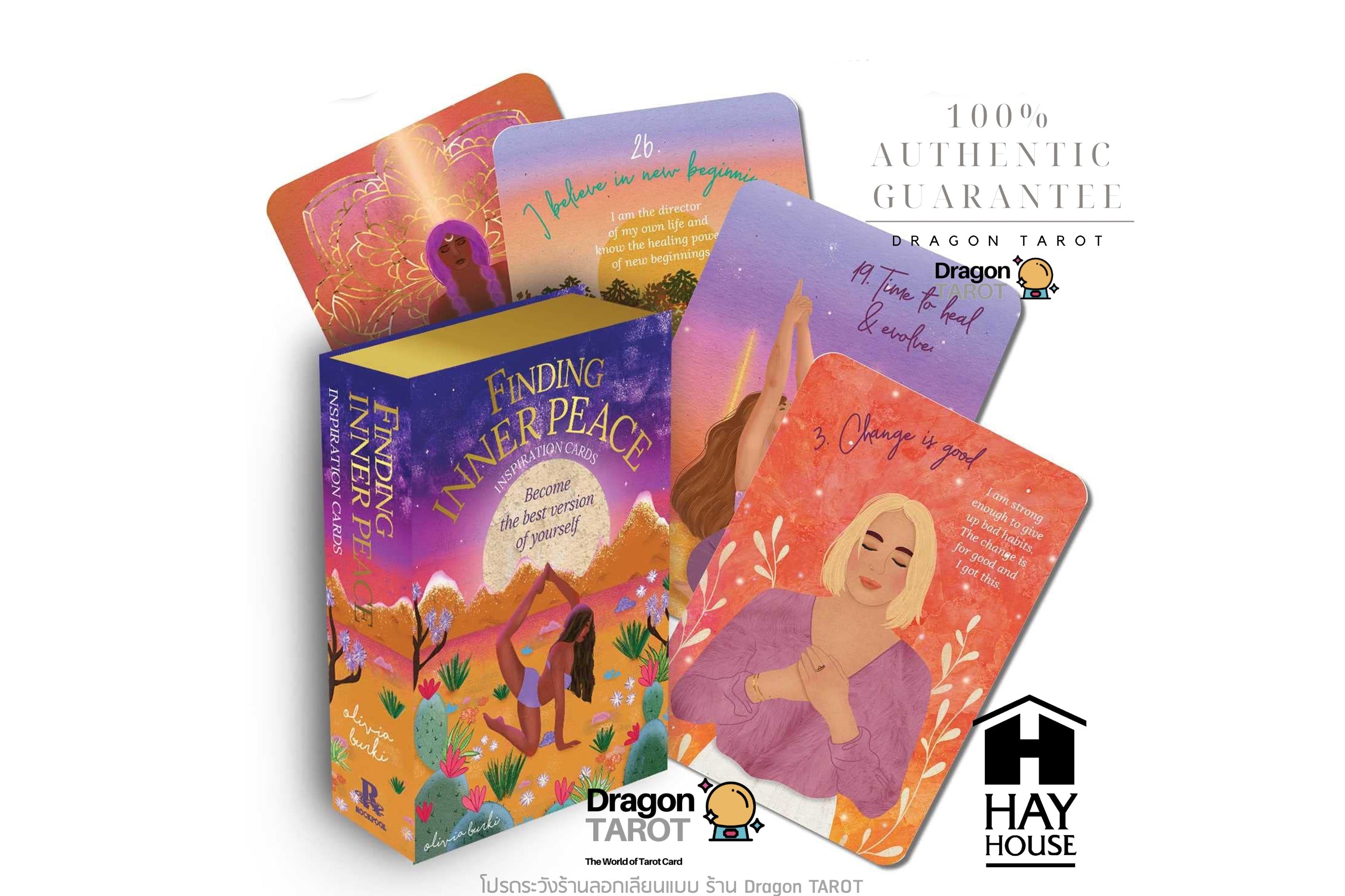 Dragon Tarot card deck box with several illustrated cards fanned behind it on a white background. The box and cards feature colorful fantasy-style artwork with a woman meditating, a horse, and warm hues of orange, pink, purple, and blue.
