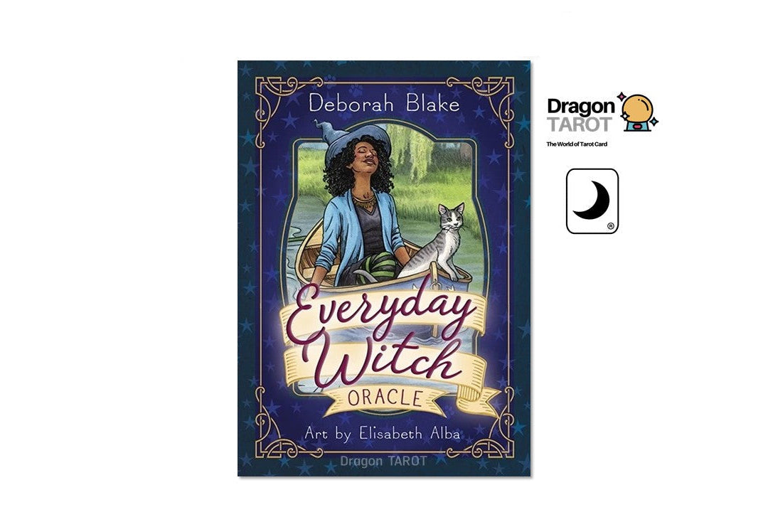 Dragon TAROT 'Everyday Witch Oracle' card deck box art centered on a white background, with Dragon TAROT logos and a crescent moon icon to the right.