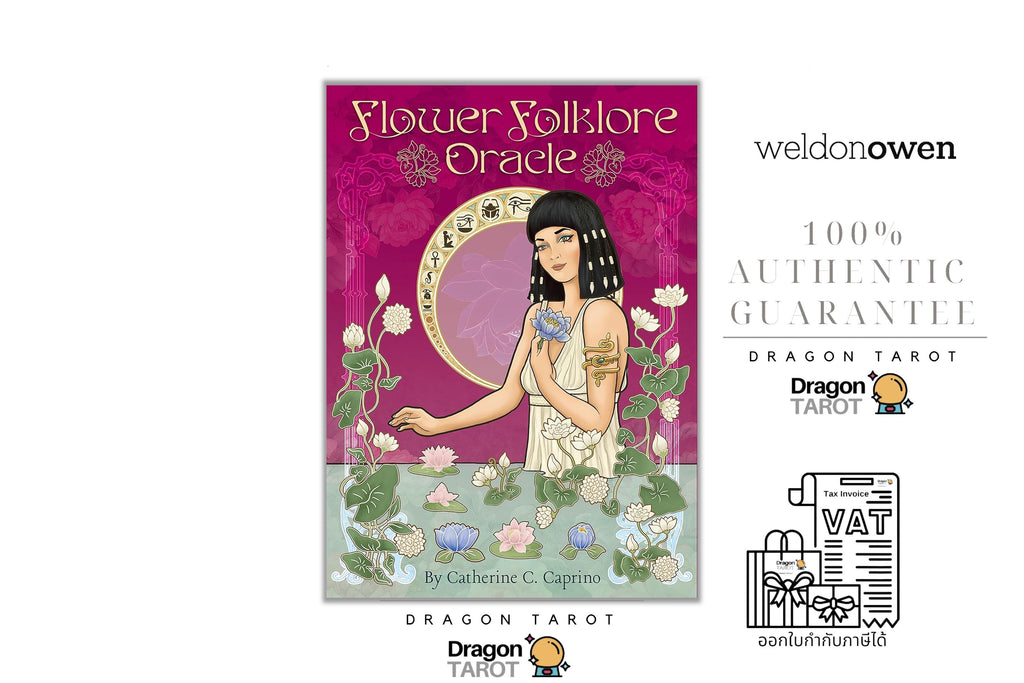 Dragon Tarot 'Flower Folklore Oracle' card deck packaging shown on a white background with promotional text and logos, including 'weldonowen' and '100% Authentic Guarantee'.