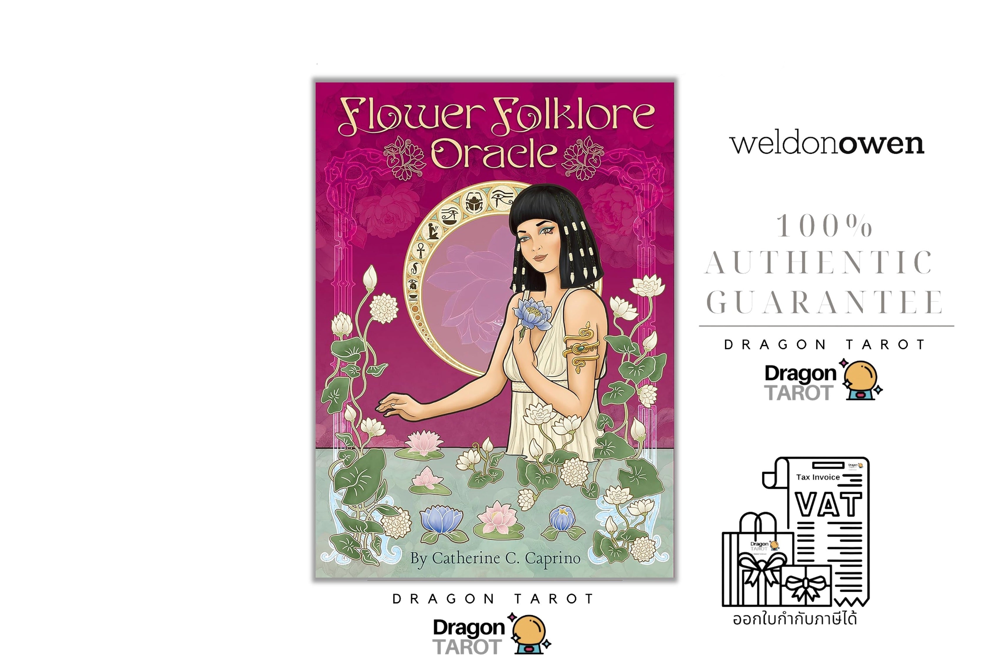 Dragon Tarot 'Flower Folklore Oracle' card deck packaging shown on a white background with promotional text and logos, including 'weldonowen' and '100% Authentic Guarantee'.